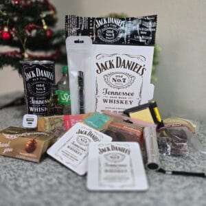 Jack Daniel’s Gentleman’s Gift Box with custom tumbler, whiskey, biltong, and men’s accessories – handcrafted South African hamper by Everything Unique Creations.