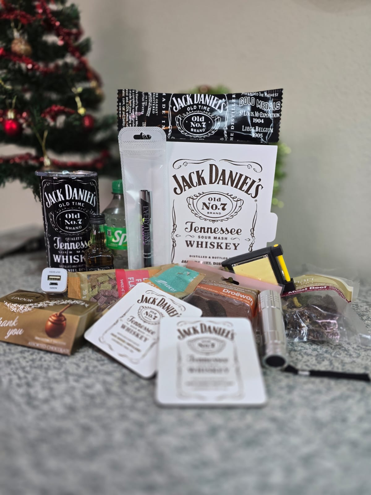 Jack Daniel’s Gentleman’s Gift Box with custom tumbler, whiskey, biltong, and men’s accessories – handcrafted South African hamper by Everything Unique Creations.