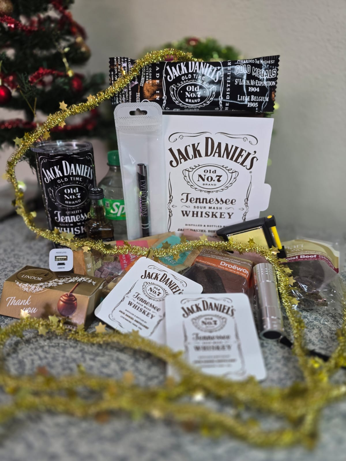 Jack Daniel’s Gentleman’s Gift Box with custom tumbler, whiskey, biltong, and men’s accessories – handcrafted South African hamper by Everything Unique Creations.