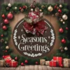 Seasons Greetings MDF wall plaque, 350 mm round brown base with white lettering and festive red-and-gold ribbon bow