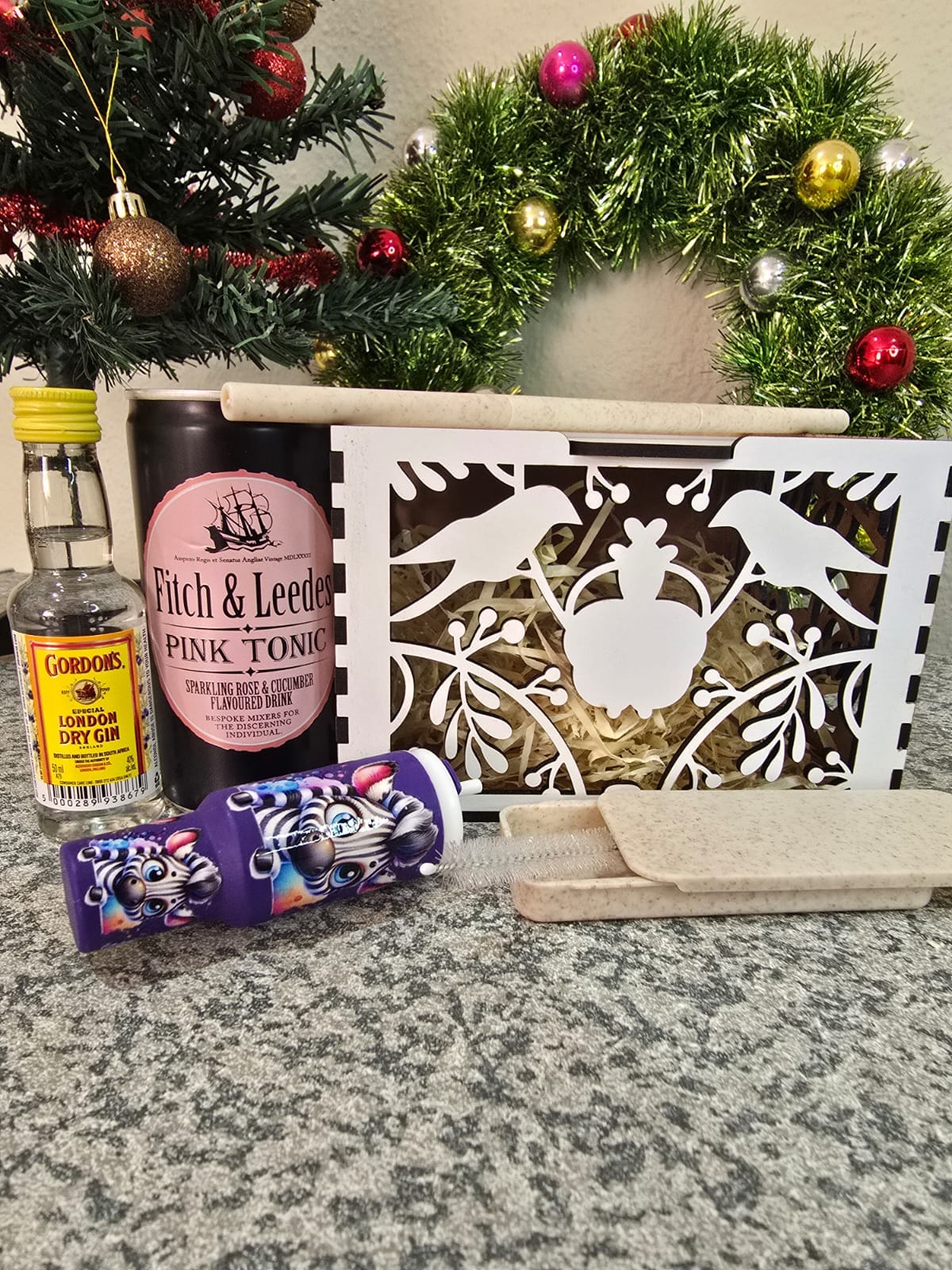 Gordon’s Gin Gift Box with pink tonic, mini tumbler keyring, reusable straw, and laser-cut keepsake box – handcrafted by Everything Unique Creations.