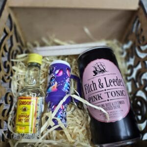 Gordon’s Gin Gift Box with pink tonic, mini tumbler keyring, reusable straw, and laser-cut keepsake box – handcrafted by Everything Unique Creations.