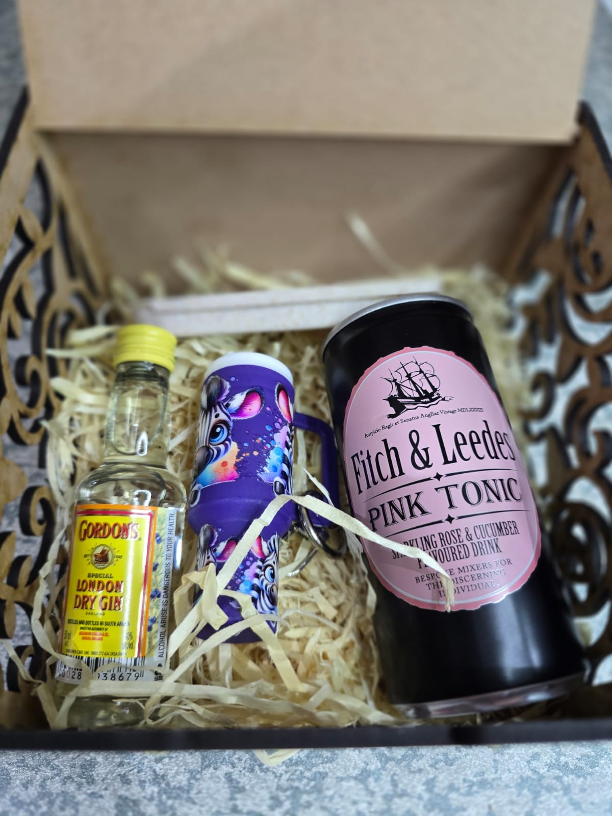 Gordon’s Gin Gift Box with pink tonic, mini tumbler keyring, reusable straw, and laser-cut keepsake box – handcrafted by Everything Unique Creations.