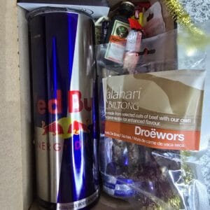 Jägermeister & Red Bull Gift Box with custom tumbler, engraved coasters, snacks, and handcrafted packaging – South African men’s hamper by Everything Unique Creations.