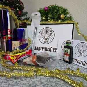 Jägermeister & Red Bull Gift Box with custom tumbler, engraved coasters, snacks, and handcrafted packaging – South African men’s hamper by Everything Unique Creations.