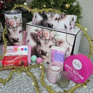 Ladies Executive Gift Box – Floral highland cow tumbler, Sorbet pamper products, and chocolates