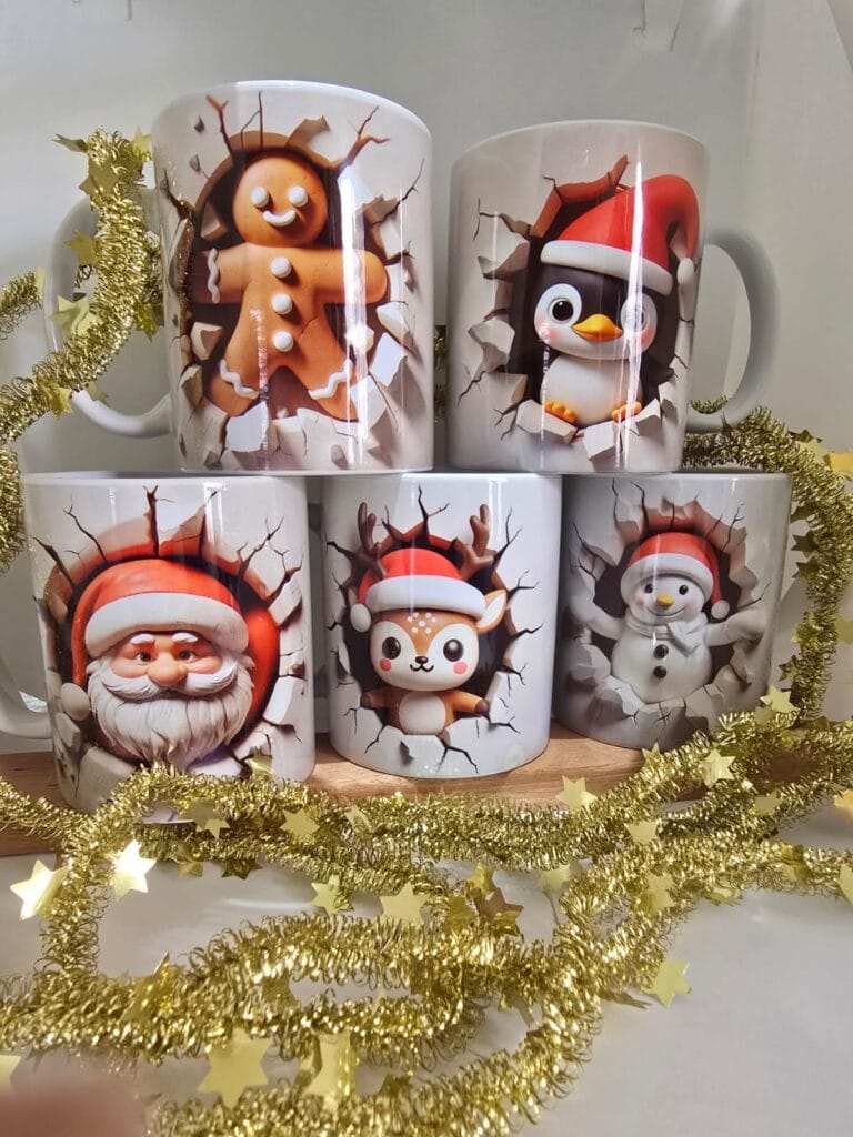 Christmas Ceramic Mug – Double-sided festive 3D print featuring Santa, Reindeer, Penguin, Gingerbread Man, or Snowman design