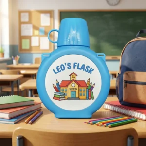 370ml blue plastic water bottle flask open lid showing screw neck detail