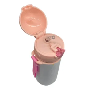 Pink kids sippy bottle with open flip-top lid