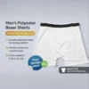 White men’s polyester boxer shorts with elastic waistband, print-ready fabric, available in sizes small to XXL