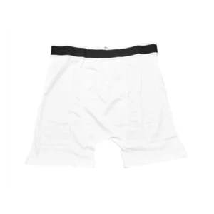 White men’s polyester boxer shorts with elastic waistband, print-ready fabric, available in sizes small to XXL