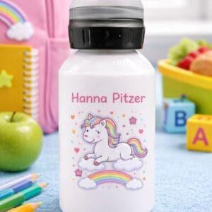 Personalised 300ml aluminium junior water bottle for kids with name and unicorn design