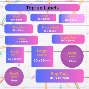 School label top-up set showing fixed quantities of rectangle, square, round, iron-on, shoe labels and bag tags