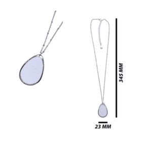 Teardrop sublimation necklace showing pendant size and chain length