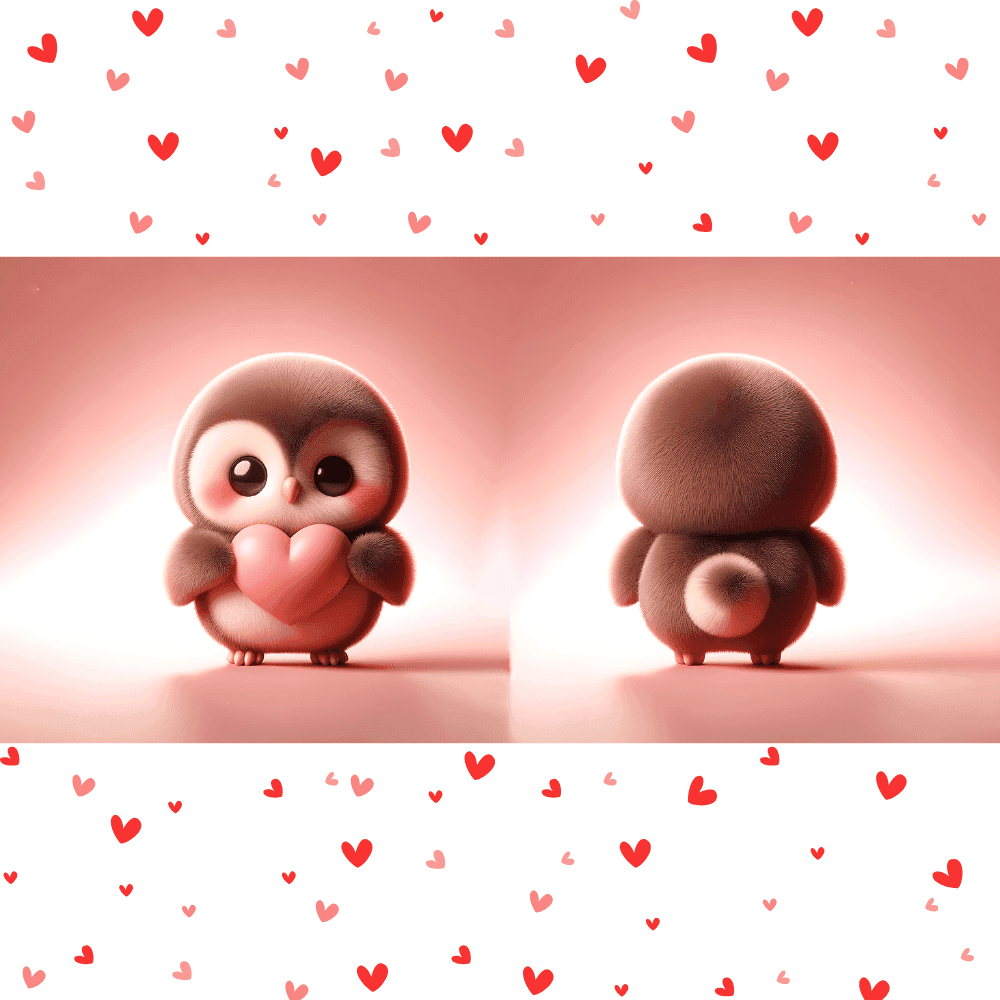 Cute fluffy owl Valentine mug with heart design, double-sided sublimation