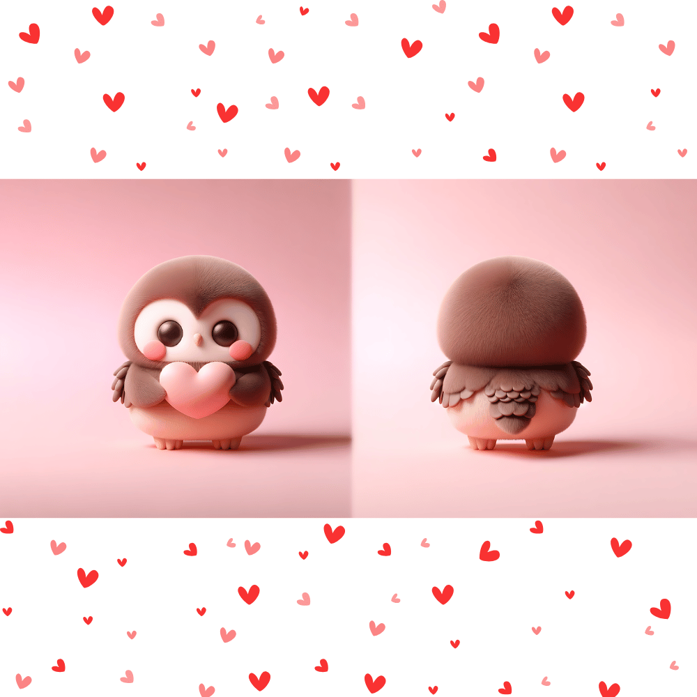 Cute fluffy owl Valentine mug with heart design, double-sided sublimation