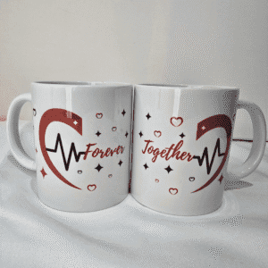 Romantic couple mugs with heartbeat heart and Forever Together text