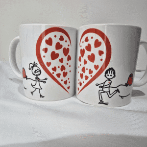 Romantic Valentine’s couple mugs with shared heart design