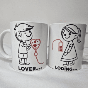 Cute Valentine’s couple mugs showing Lover and Loading text