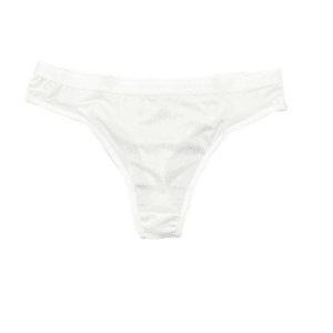 White women’s polyester thong underwear with smooth fabric, print-ready surface, available in sizes small to XXL