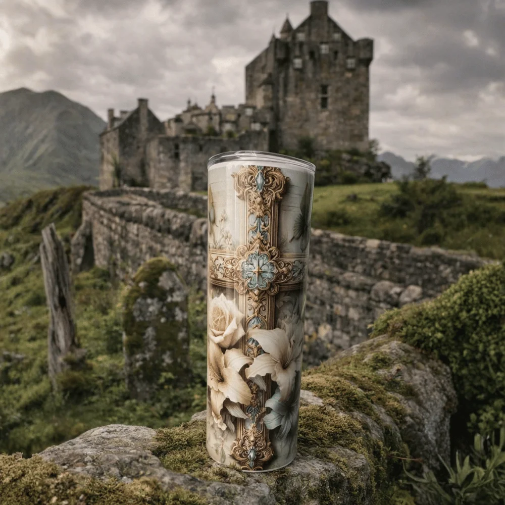 20oz stainless steel skinny tumbler featuring an ornate cross and floral design