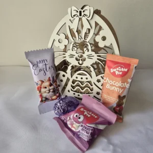 Wooden Easter bunny keepsake hamper filled with chocolates and sweets.