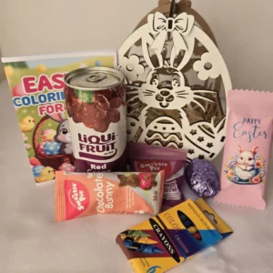 Wooden Easter bunny keepsake hamper filled with chocolates and sweets.