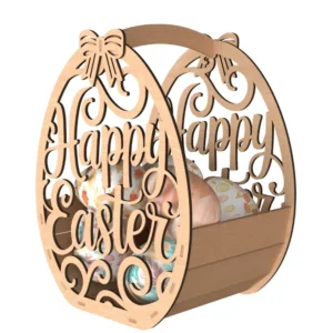 Laser cut wooden Easter basket with bunny and floral cut-out design – MDF keepsake basket