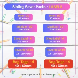 Sibling Saver School Label Pack with double mini, medium, shoe labels, bag tags and laminated rewards charts