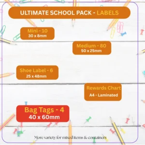 Ultimate School Label Pack with mini, medium, shoe labels, bag tags and laminated rewards chart