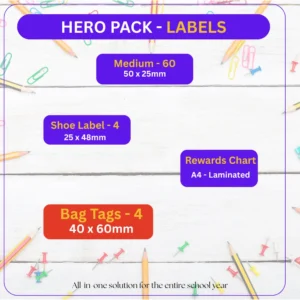 Hero School Label Pack including 60 medium labels, shoe labels, bag tags and laminated rewards chart