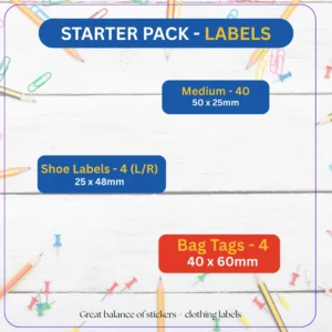 Starter Pack School Labels including 40 medium labels, 4 left and right shoe labels, and 4 bag tags with dimensions displayed.