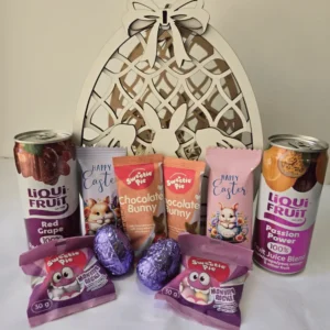 Double Easter Bunny wooden keepsake box filled with chocolates, sweets and two juices.