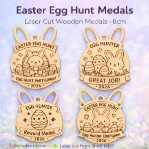 Laser cut wooden Easter Egg Hunt medals set of four with bunny and egg designs, 8cm engraved medals for kids Easter egg hunt rewards