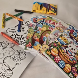 Easter colouring books for kids with crayons, set of four colourful Easter activity books with bunny and egg illustrations.