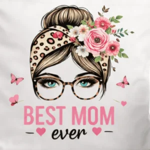 Close-up of Best Mom Ever floral design on tote bag and mug