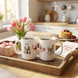 Custom photo collage Mother’s Day mug showing front and back design on wooden tray in kitchen setting