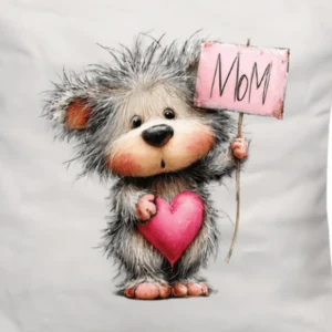 Close-up of cute teddy bear holding heart design on tote bag and mug for Mother’s Day gift