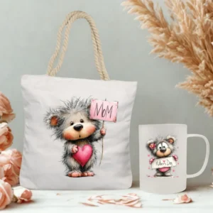 Cute bear Mom gift set with rope tote bag and matching frosted mug, teddy holding heart design