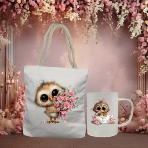 Cute owl Mom gift set with rope tote bag and frosted mug featuring floral owl design