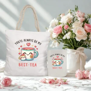 Elegant mom gift set with rope tote bag and frosted mug featuring modern script design
