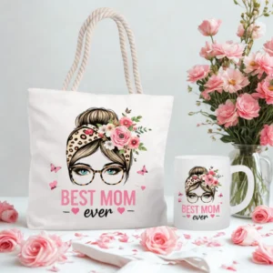 Best Mom Ever rope handle tote bag and frosted mug gift set with floral design