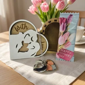 Mother and child heart locket gift box with personalised photo necklace and flowers