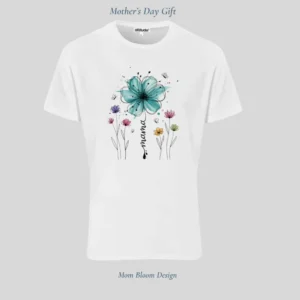 Mother’s Day white T-shirt with floral Mom Bloom design front view