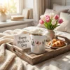 Personalised Mother’s Day photo collage mug on breakfast tray with flowers and Happy Mother’s Day card