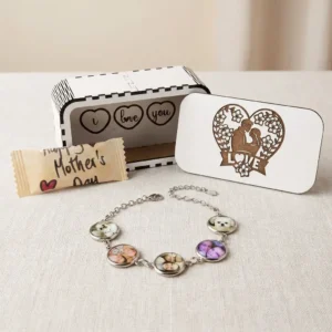 Close-up of personalised round photo charm bracelet showing custom images on each charm