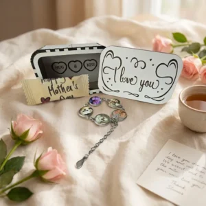 Personalised charm bracelet with photo charms surrounded by petals and I Love You gift box