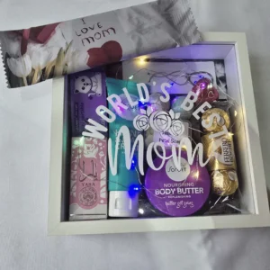 Real example of personalised shadow box gift set with LED lights