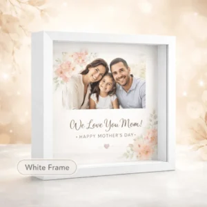 White frame personalised shadow box with photo and message