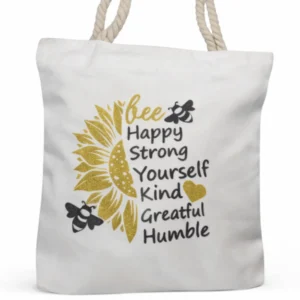Close-up of sunflower and motivational words design on tote bag and mug for Mother’s Day gift
